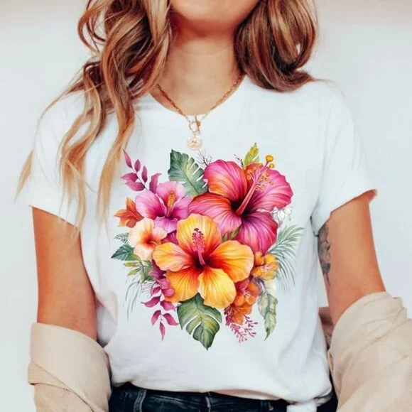 Watercolor Hibiscus Shirt, Tropical Hawaiian Shirt - Picture 1 of 3